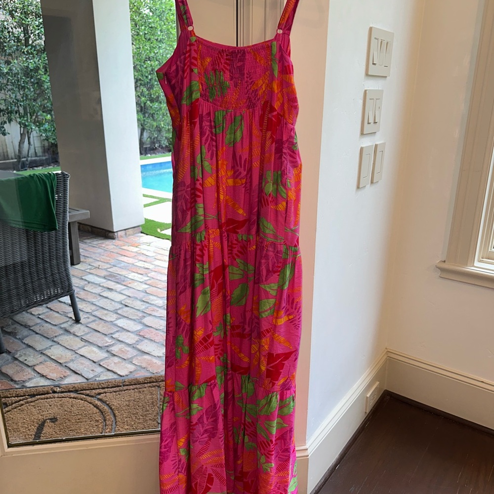 Skies Are Blue Pink Dress with Tropical Patterns